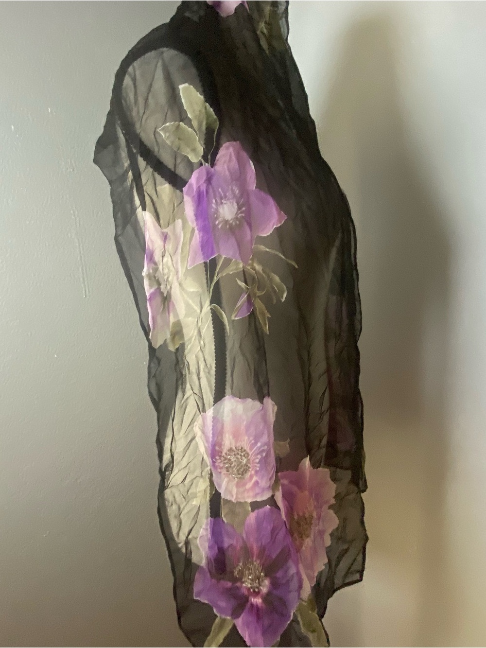 Y2K 100% Silk Purple & Black Floral Chiffon Beaded Scarf - Picture 7 of 10